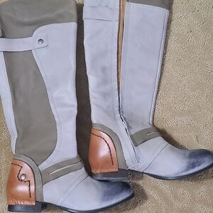 Elegant Gray and Brown Leather Riding Boots